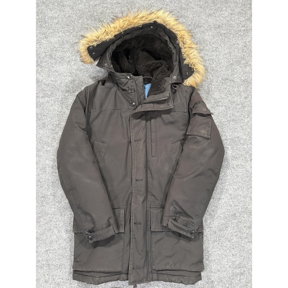 Vintage J Crew Nordic Down Parka Mens XS Black Hooded Faux Fur Trim Winter Warm